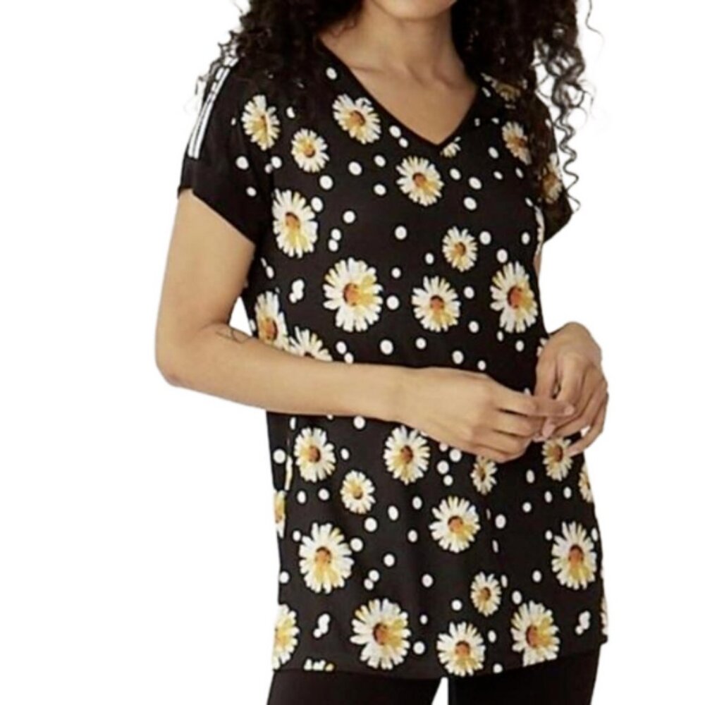 New Marallis Black Daisy Polka Dot V-neck T-shirt Tee Top Size Medium bin 1F